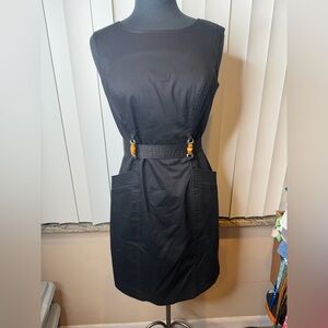 Ellen Tracy Belted Dress Casual Black Sheath Sleeveless Lined Wood Detail